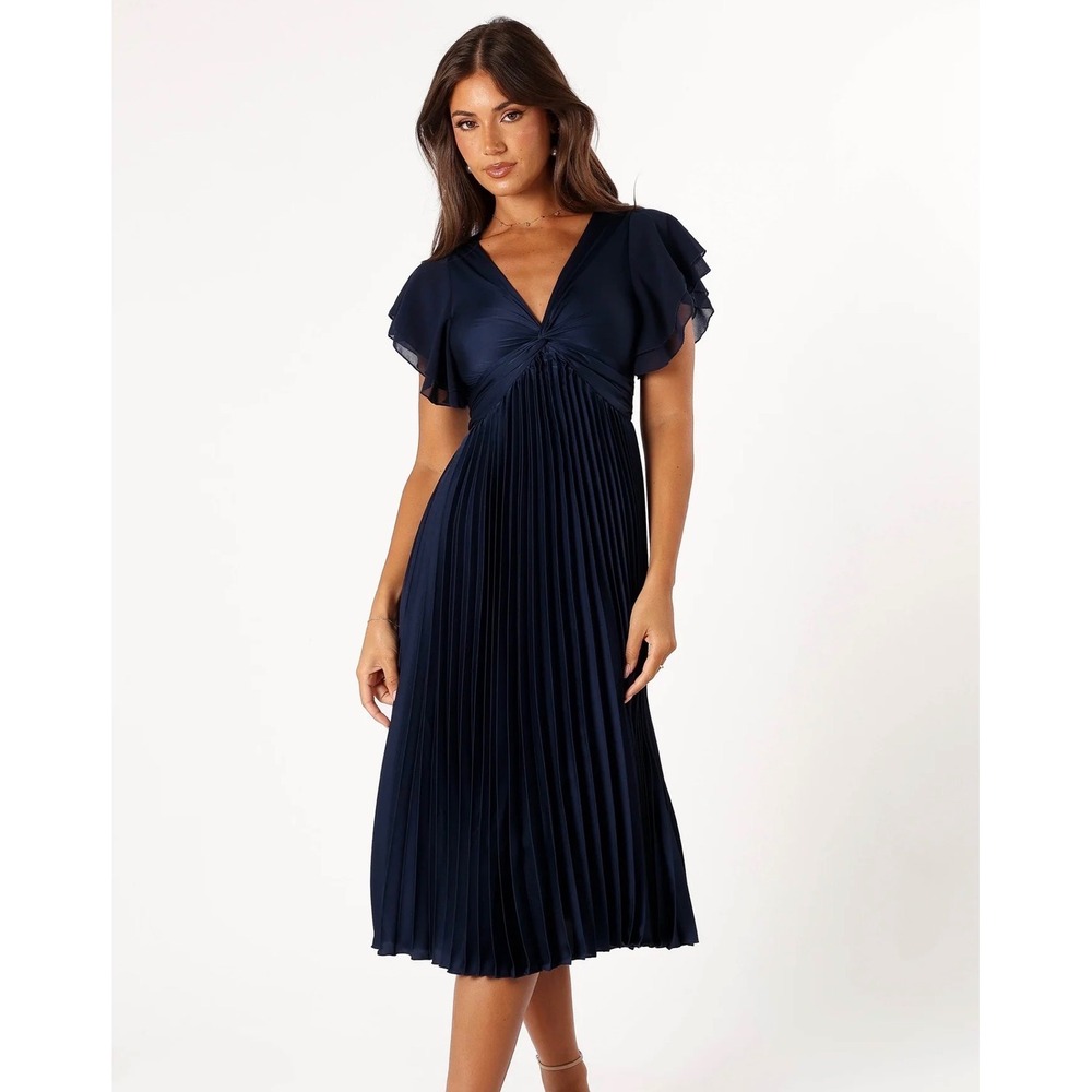 Petal and Pup Nova Flutter Sleeve Midi Dress Navy Blue Twist Front Pleated XL